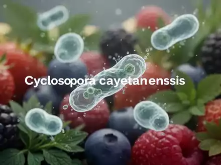 Mikroskopische Ansicht von Cyclospora cayetanensis-Parasiten vor einem unscharfen Hintergrund aus frischen Beeren und Kräutern. - Foto: über boerse-global.de