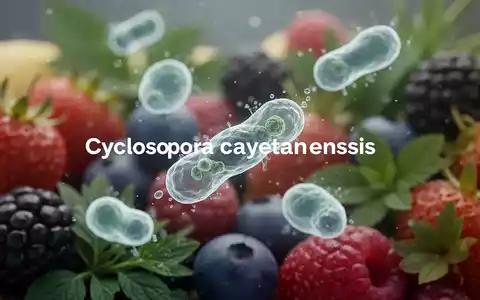 Mikroskopische Ansicht von Cyclospora cayetanensis-Parasiten vor einem unscharfen Hintergrund aus frischen Beeren und Kräutern. - Foto: über boerse-global.de