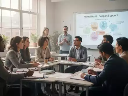 Eine vielfältige Gruppe von Menschen nimmt an einem Kurs zur psychischen Ersten Hilfe teil, engagiert in Diskussion und Lernen. - Foto: über boerse-global.de