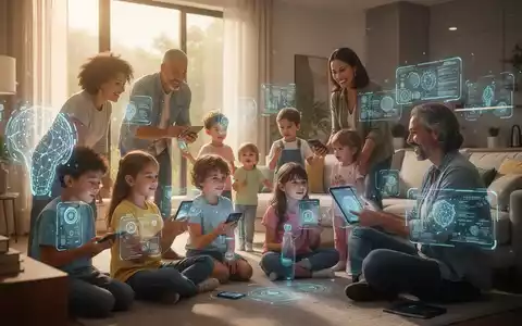 Eine vielfältige Familie nutzt KI-Technologie nahtlos in einem modernen Zuhause, Eltern und Kinder interagieren mit leuchtenden Oberflächen. - Foto: über boerse-global.de