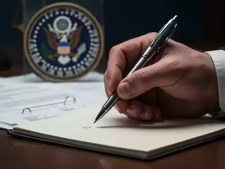 Nahaufnahme der Hand eines Journalisten mit Stift über Notizblock, im Hintergrund unscharfe juristische Dokumente und ein US-Regierungssiegel. - Foto: über boerse-global.de