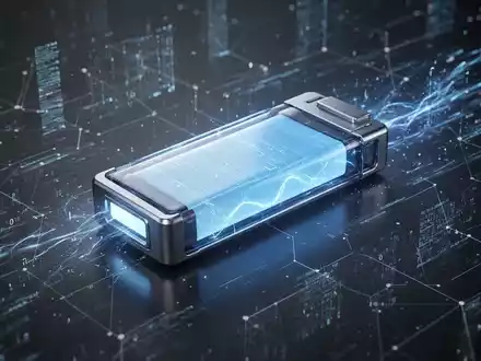 Eine futuristische Batteriezelle, die blau leuchtet, umgeben von digitalen Datenströmen, die Energiespeicherung und Technologie symbolisieren. - Foto: über boerse-global.de