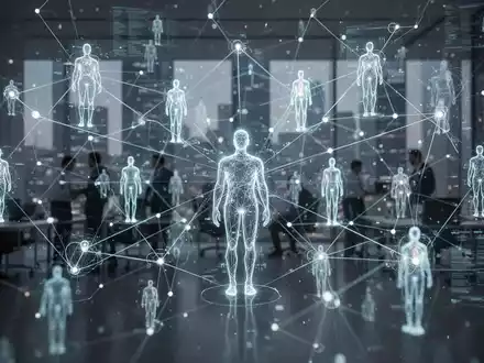 Ein Netzwerk aus leuchtenden digitalen Linien und Knoten verbindet Datenpunkte und abstrakte menschliche Figuren, symbolisiert KI-Automatisierung. - Foto: über boerse-global.de