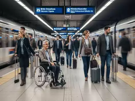 Menschen mit Behinderungen an einem belebten europäischen Bahnhof, die reisen und die Zugänglichkeit nutzen. - Foto: über boerse-global.de