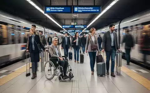 Menschen mit Behinderungen an einem belebten europäischen Bahnhof, die reisen und die Zugänglichkeit nutzen. - Foto: über boerse-global.de