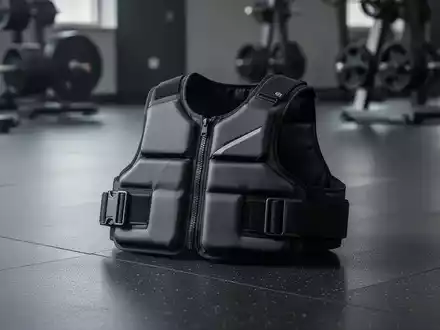 Eine moderne Gewichtsweste liegt auf einem sauberen Fitnessstudioboden, im Hintergrund verschwommene Trainingsgeräte. - Foto: über boerse-global.de