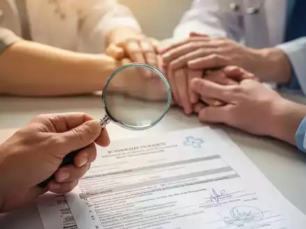 Eine Hand hält eine Lupe über ein medizinisches Dokument, im Hintergrund unscharfe Hände, die einen Patientenarm berühren. - Foto: über boerse-global.de