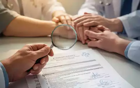 Eine Hand hält eine Lupe über ein medizinisches Dokument, im Hintergrund unscharfe Hände, die einen Patientenarm berühren. - Foto: über boerse-global.de