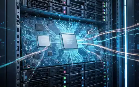 Zukunftssicherer Server-Rack mit blauen Leuchten, Mikroprozessoren und komplexen Leiterplatten. - Foto: über boerse-global.de