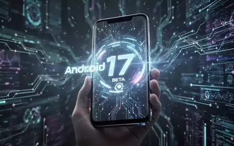 Nahaufnahme einer Hand, die ein modernes Smartphone mit leuchtendem Bildschirm hält, auf dem 'Android 17' und ein Beta-Symbol zu sehen sind. - Foto: über boerse-global.de
