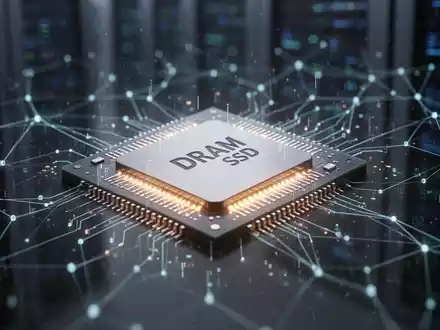 Nahaufnahme eines leuchtenden Mikrochips, möglicherweise DRAM oder SSD, mit digitalem Netzwerk-Overlay, das den Einfluss von KI auf Elektronik symbolisiert. - Foto: über boerse-global.de