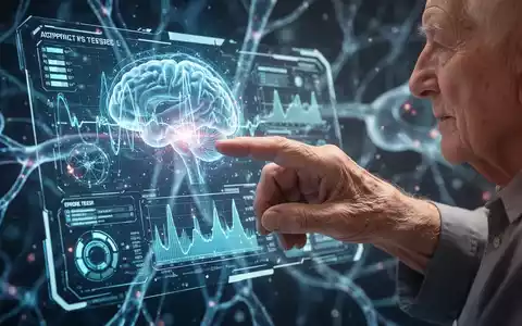 Nahaufnahme einer älteren Hand, die mit einem digitalen Bildschirm interagiert, der Gehirnaktivität und kognitive Testergebnisse anzeigt. - Foto: über boerse-global.de