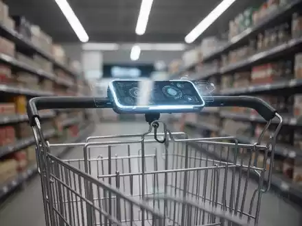 Ein moderner Einkaufswagen mit einem leuchtenden digitalen Display am Griff in einem Supermarktgang, der technologische Innovationen im Einzelhandel symbolisiert. - Foto: über boerse-global.de