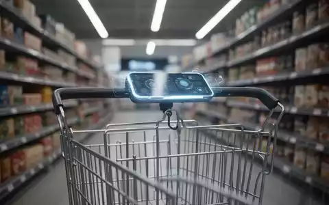 Ein moderner Einkaufswagen mit einem leuchtenden digitalen Display am Griff in einem Supermarktgang, der technologische Innovationen im Einzelhandel symbolisiert. - Foto: über boerse-global.de