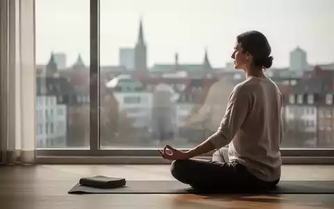 Eine Person meditiert in einem ruhigen Raum mit Blick auf die Stadt Hannover, um Entspannung und Stressbewältigung darzustellen. - Foto: über boerse-global.de