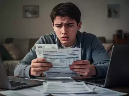 Ein junger Student oder Auszubildender mit einem Stapel Rechnungen oder einem Steuerformular, der besorgt aussieht. - Foto: über boerse-global.de