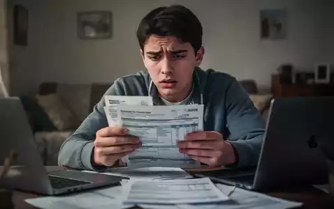 Ein junger Student oder Auszubildender mit einem Stapel Rechnungen oder einem Steuerformular, der besorgt aussieht. - Foto: ĂŒber boerse-global.de