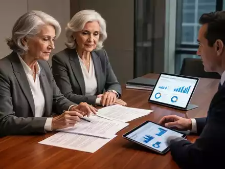 Ein elegantes Paar im mittleren Alter bespricht wichtige Dokumente mit einem Berater, um ihre Finanzen und ihr Erbe zu planen. - Foto: über boerse-global.de