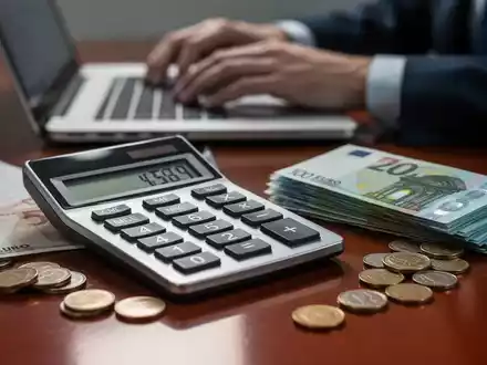 Ein Nahaufnahme-Bild eines Taschenrechners mit Euro-Banknoten und Münzen auf einem Schreibtisch, im Hintergrund tippt eine Person auf einer Laptoptastatur. - Foto: über boerse-global.de