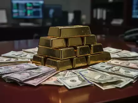 Ein Nahaufnahme von Goldbarren und Stapeln von internationalen Banknoten auf einem dunklen Holztisch, was eine Korruptionsuntersuchung andeutet. - Foto: über boerse-global.de