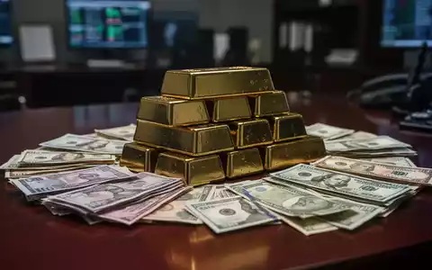 Ein Nahaufnahme von Goldbarren und Stapeln von internationalen Banknoten auf einem dunklen Holztisch, was eine Korruptionsuntersuchung andeutet. - Foto: über boerse-global.de