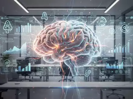 Ein stilisiertes Gehirn mit leuchtenden Nervenbahnen, verbunden mit digitalen Schnittstellen, die Produktivität und KI-Symbole zeigen. - Foto: über boerse-global.de
