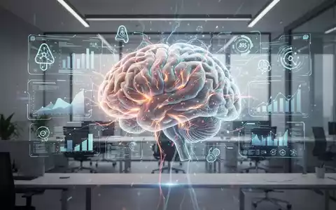 Ein stilisiertes Gehirn mit leuchtenden Nervenbahnen, verbunden mit digitalen Schnittstellen, die Produktivität und KI-Symbole zeigen. - Foto: über boerse-global.de