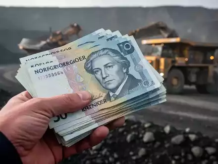 Eine Hand hält einen Stapel norwegischer Kronen-Banknoten, mit einem angedeuteten Bergbaugebiet im Hintergrund. - Foto: über boerse-global.de