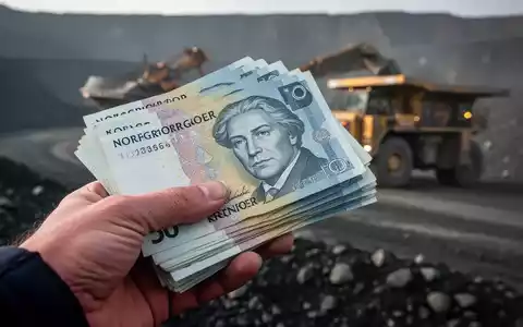 Eine Hand hält einen Stapel norwegischer Kronen-Banknoten, mit einem angedeuteten Bergbaugebiet im Hintergrund. - Foto: über boerse-global.de