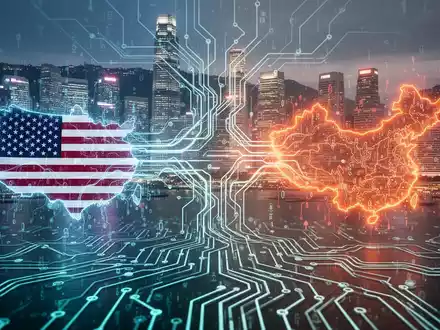 KI-Datenfluss zwischen USA und China, Singapur-Skyline im Hintergrund, regulatorische Lücke. - Foto: über boerse-global.de