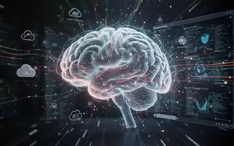 Abstraktes, leuchtendes neuronales Netzwerk, das KI und Software darstellt, mit dezenten Symbolen für Cloud- und Desktop-Anwendungen. - Foto: über boerse-global.de