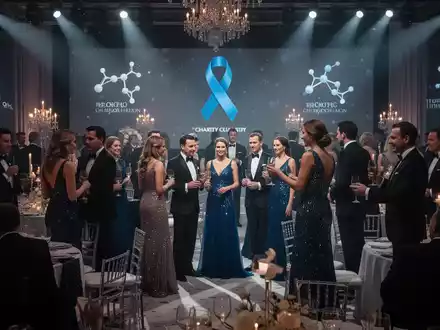 Eine elegante Charity-Gala mit festlich gekleideten Gästen, die sich unterhalten. Sanfte Beleuchtung und dezente medizinische Symbole. - Foto: über boerse-global.de
