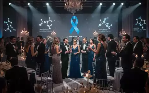Eine elegante Charity-Gala mit festlich gekleideten Gästen, die sich unterhalten. Sanfte Beleuchtung und dezente medizinische Symbole. - Foto: über boerse-global.de
