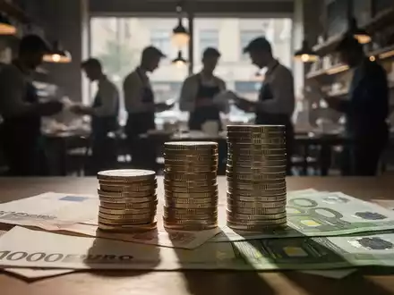 Nahaufnahme von Euro-Münzen und -Scheinen mit verschwommenen Silhouetten von Arbeitern im Hintergrund, die wirtschaftliche Debatten symbolisieren. - Foto: über boerse-global.de
