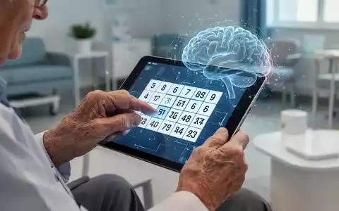 Ältere Hände lösen ein Zahlenrätsel auf einem Tablet, mit subtilen digitalen Grafiken und Gehirnaktivität im Hintergrund. - Foto: über boerse-global.de