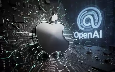 Apple-Logo mit Leiterplatte, leuchtende Datenströme zu einem ätherischen OpenAI-Logo im Hintergrund. - Foto: über boerse-global.de