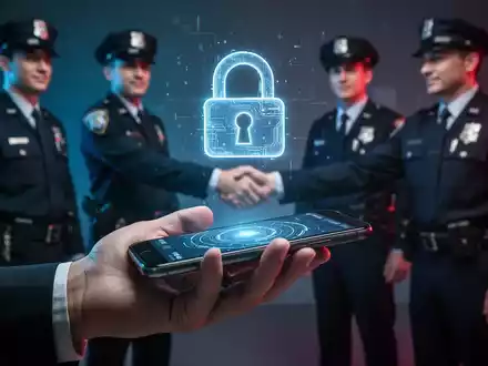 Eine Hand hält ein Smartphone mit einem schwebenden, holografischen Vorhängeschloss. Im unscharfen Hintergrund sind Polizisten und Banker zu sehen. - Foto: über boerse-global.de