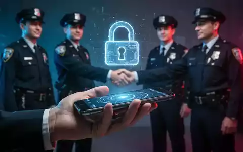 Eine Hand hält ein Smartphone mit einem schwebenden, holografischen Vorhängeschloss. Im unscharfen Hintergrund sind Polizisten und Banker zu sehen. - Foto: über boerse-global.de