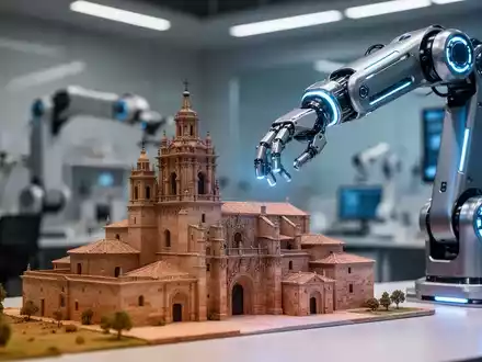 Ein futuristischer Roboterarm interagiert mit einem Miniaturmodell der Architektur Salamancas. - Foto: über boerse-global.de