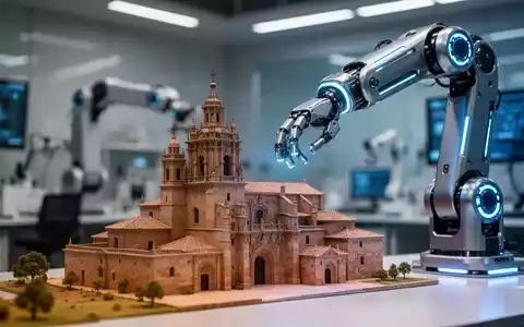 Ein futuristischer Roboterarm interagiert mit einem Miniaturmodell der Architektur Salamancas. - Foto: über boerse-global.de