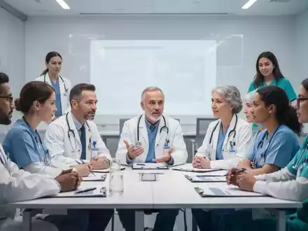 Eine Gruppe medizinischer Fachkräfte nimmt an einem Seminar teil, diskutiert und lernt gemeinsam in einem modernen Schulungsraum. - Foto: über boerse-global.de