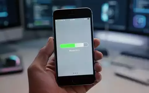 Nahaufnahme eines älteren iPhones mit Software-Update-Bildschirm, gehalten in einer Hand vor unscharfem Tech-Hintergrund. - Foto: über boerse-global.de