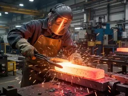 Nahaufnahme eines Arbeiters in Schutzkleidung, der ein glühend heißes Metallwerkstück in einer Fabrik mit einer Zange handhabt. - Foto: über boerse-global.de