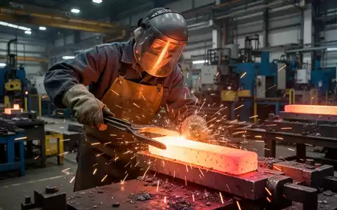 Nahaufnahme eines Arbeiters in Schutzkleidung, der ein glühend heißes Metallwerkstück in einer Fabrik mit einer Zange handhabt. - Foto: über boerse-global.de