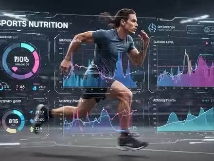 Eine futuristische KI-Schnittstelle zeigt komplexe Sportdaten und personalisierte Ernährungsstrategien vor einem unscharfen Hintergrund eines Athleten. - Foto: über boerse-global.de