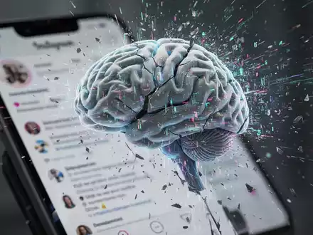Digitale Illustration eines glitchigen KI-Gehirns mit sich auflösenden Daten, überlagert von einem unscharfen Smartphone mit Instagram. - Foto: über boerse-global.de