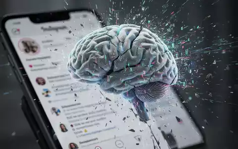 Digitale Illustration eines glitchigen KI-Gehirns mit sich auflösenden Daten, überlagert von einem unscharfen Smartphone mit Instagram. - Foto: über boerse-global.de