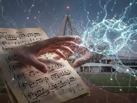 Eine digitale Hand schützt eine Partitur vor einem KI-Netzwerk, im Hintergrund das australische Parlamentsgebäude. - Foto: über boerse-global.de