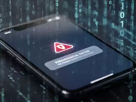 Ein Smartphone-Bildschirm mit einer Warnmeldung oder einem Bedrohungssymbol, im Hintergrund verschwommener Binärcode oder Datenströme. - Foto: über boerse-global.de