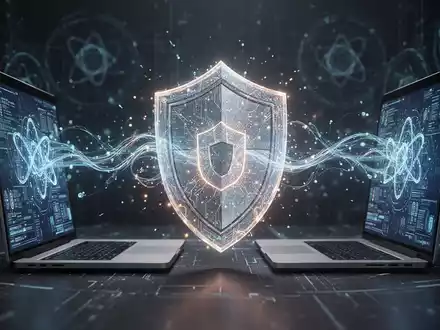 Abstrakte Darstellung von Datenflüssen zwischen Geräten, geschützt durch ein quantensicheres Verschlüsselungsschild, mit Quantencomputer-Elementen im Hintergrund. - Foto: über boerse-global.de